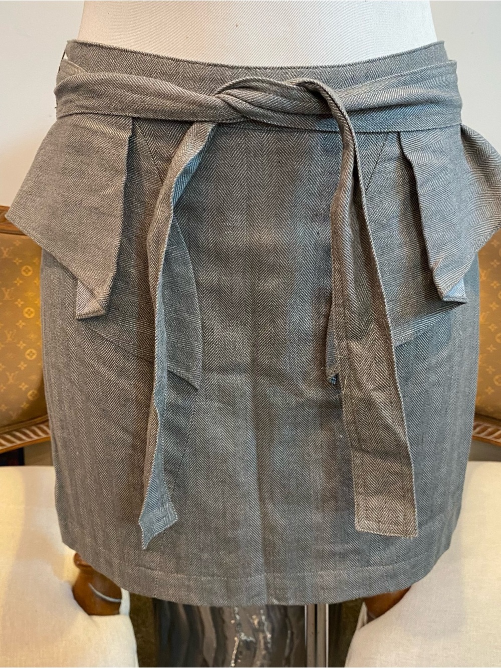 Vintage Y2K Classic Gray Herringbone Tie-Waist Skirt Linen-Cotton Blend, Size 6